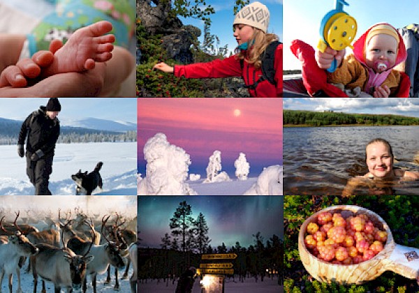 Paljon pieniä kuvia kaikesta, mitä Kittilässä on ja voi tehdä: maisemia, aktiviteetteja, ihmiskuvia ja eläimiä.
